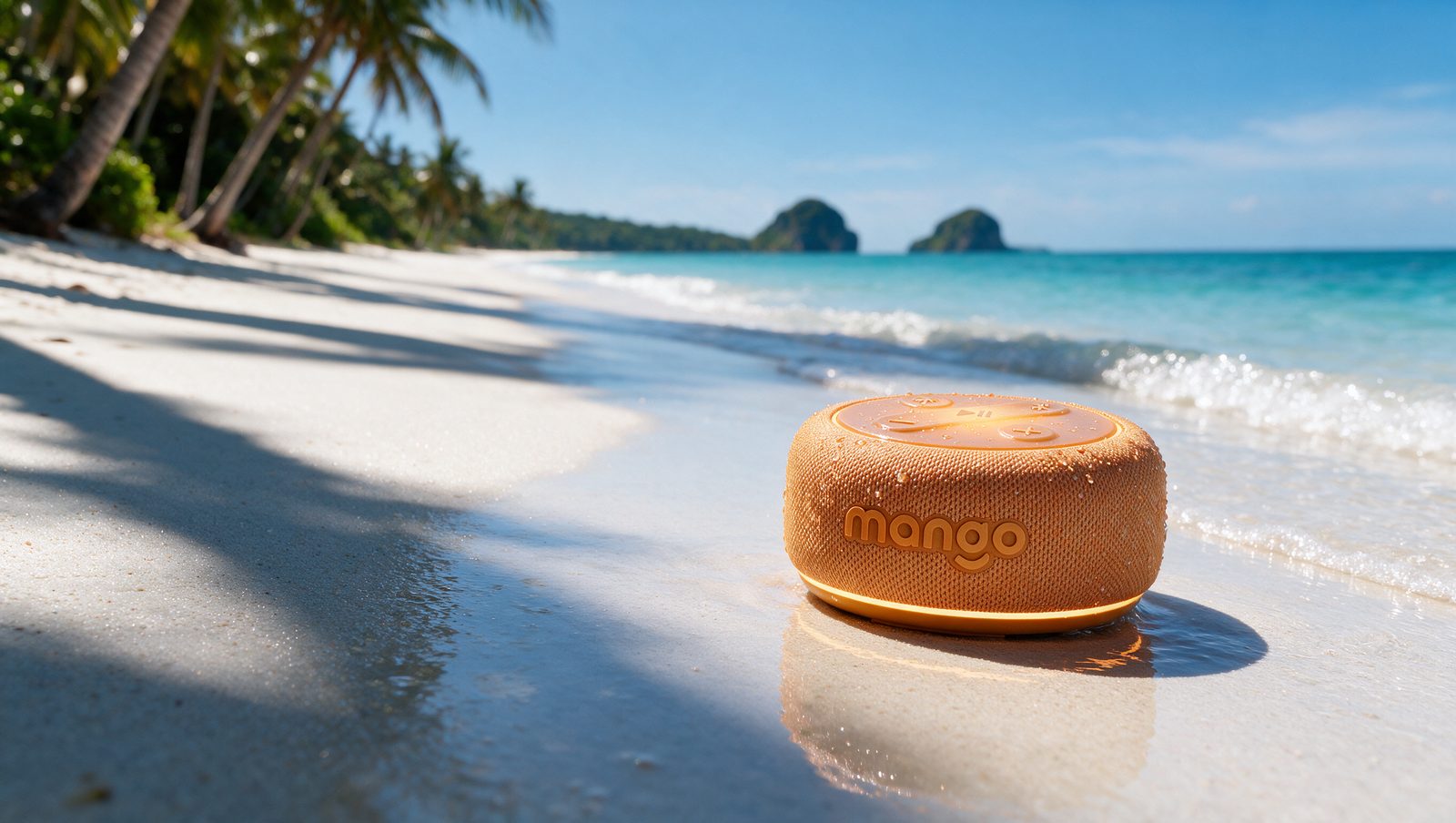 A Mango speaker on the sand, by the sea