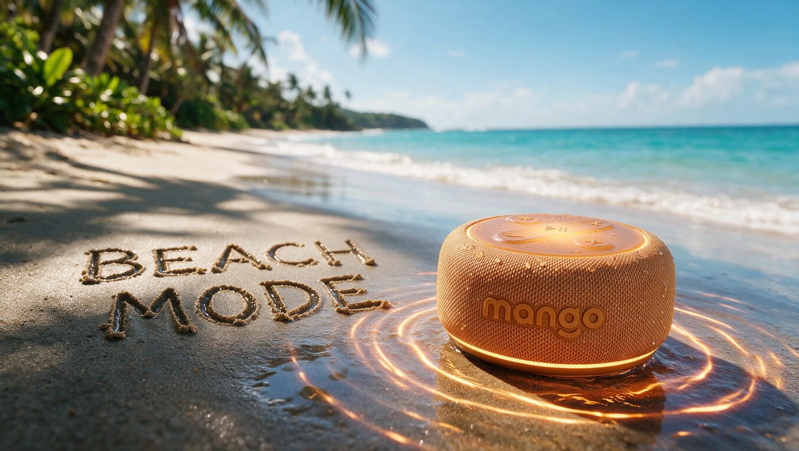 Mango on the sand, in beach mode