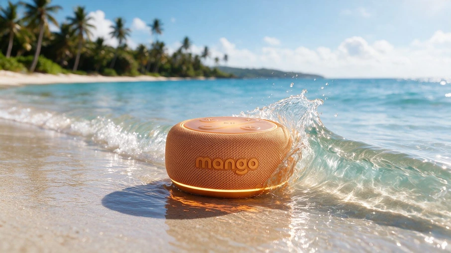 Mango in the shallow waves of a beach