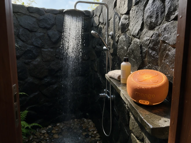 Mango splashed under an outdoor rain shower