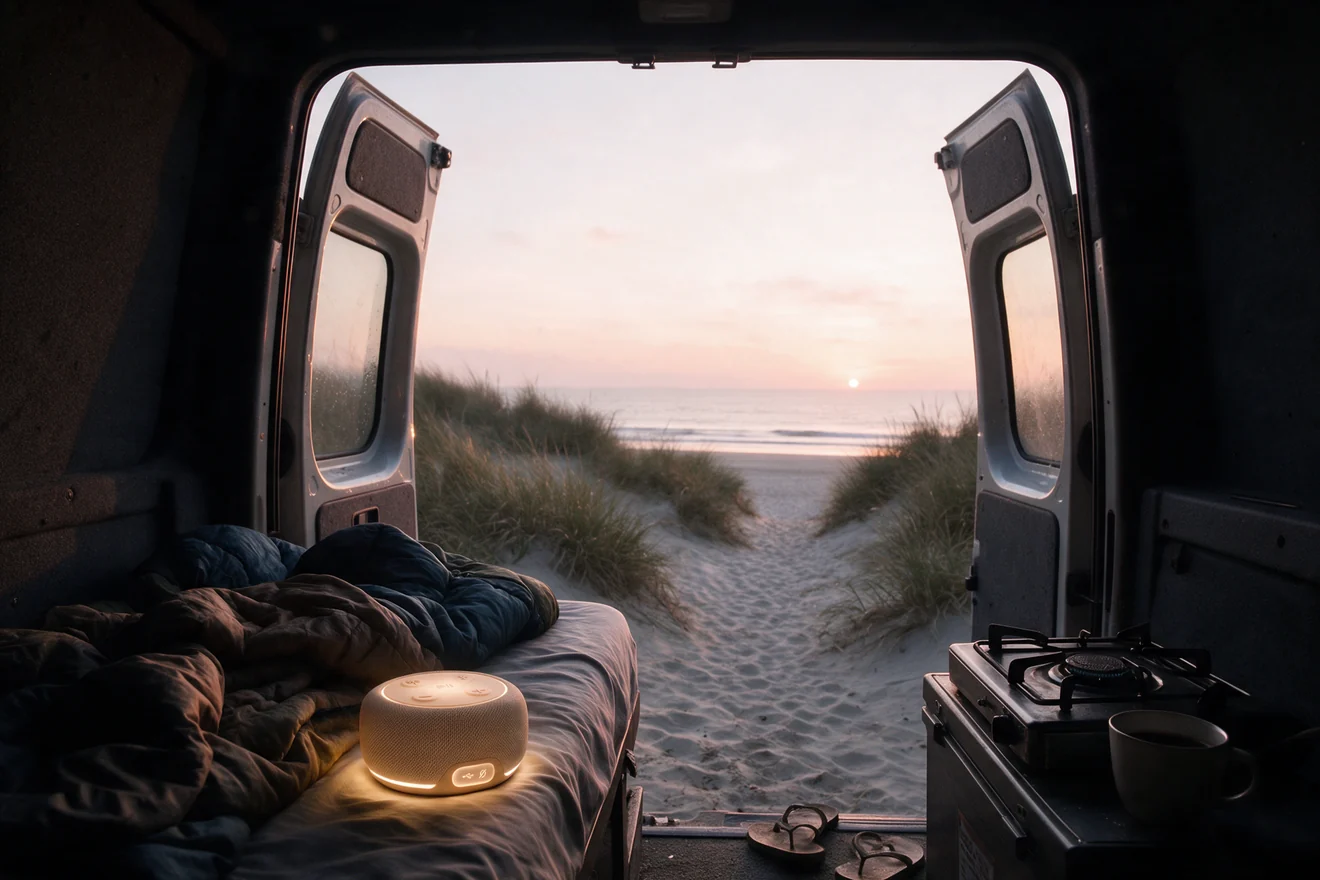 Mango in Coconut in the back of a camper van at sunrise